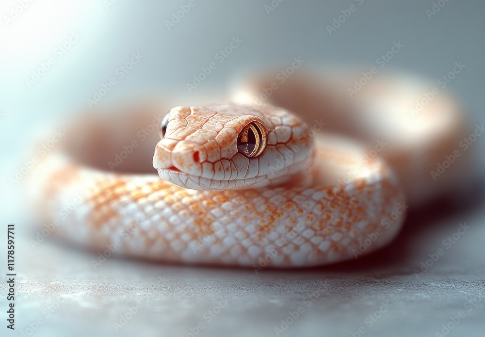 Fototapeta premium Close-up View of a Beautiful Light-Colored Snake with Smooth Scales and Striking Eyes, Captured in Soft Focus on a Blurred Background for Nature Photography