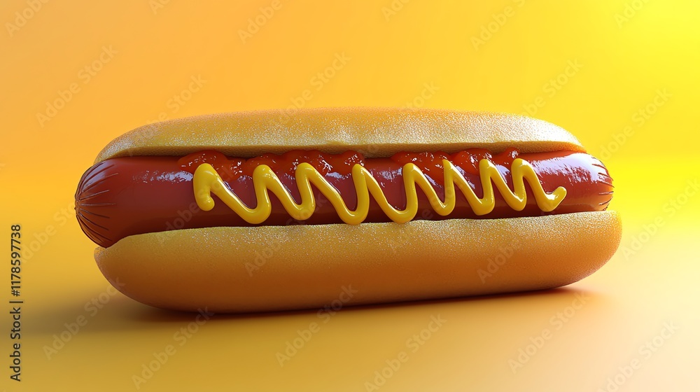 A classic hot dog with ketchup and mustard on a yellow background. A classic hot dog with ketchup and mustard on a yellow background.