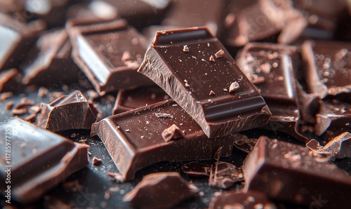 Dark chocolate pieces, close-up, food photography, dessert photo