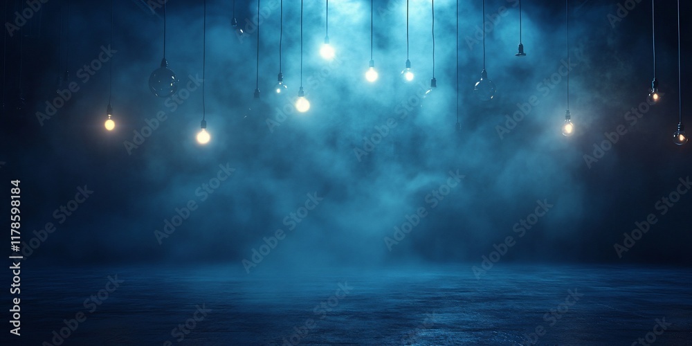 Dark room, hanging bulbs, blue fog, concrete floor, event backdrop Dark room, hanging bulbs, blue fog, concrete floor, event backdrop