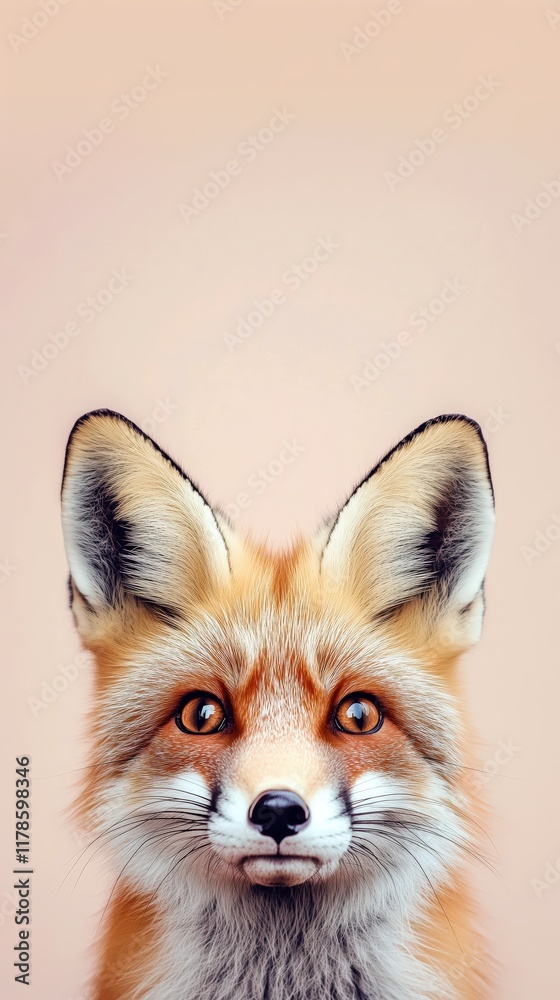Obraz premium Close-Up of Adorable Red Fox with Fluffy Ears and Bright Eyes on Soft Peach Background