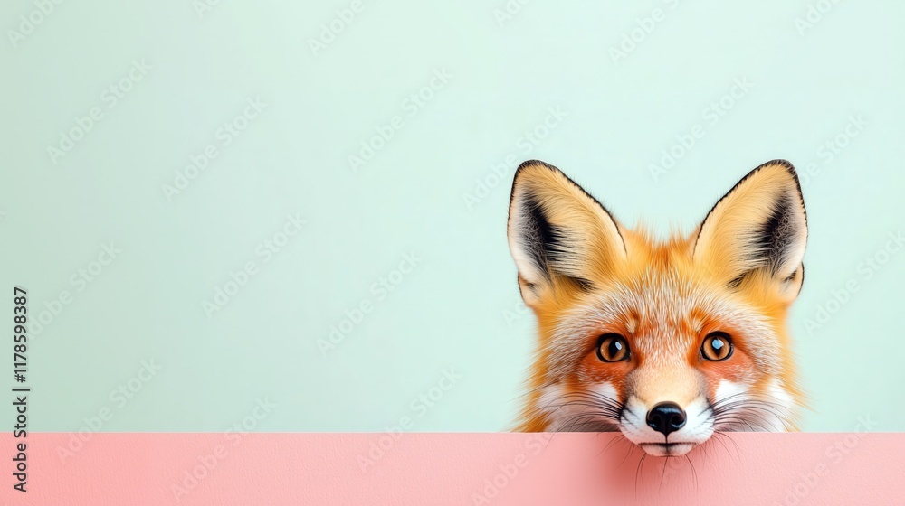 Fototapeta premium Adorable Red Fox Peeking Over Pink Edge with Fluffy Ears and Bright Eyes on Pastel Green Background