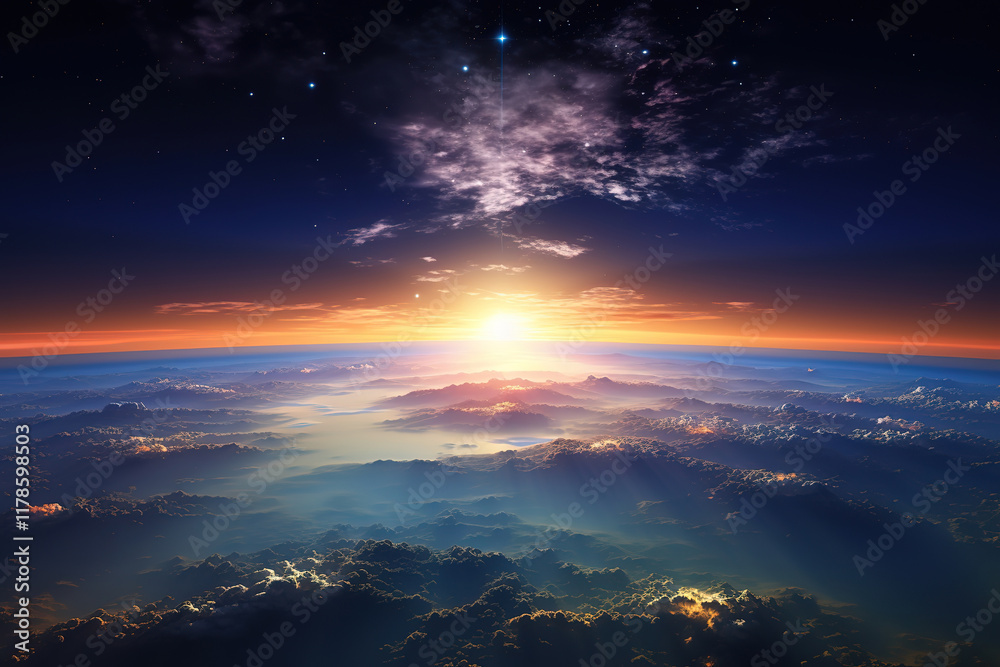 Fototapeta premium Exceptional Panoramic view on planet Earth globe from space with rising sun