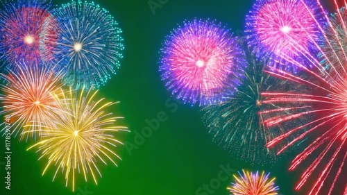 Vibrant Fireworks Display on Green Screen Background, AI-Generated