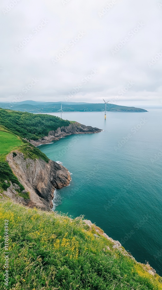 Obraz premium A serene scene of a wind turbine farm near a tranquil landscape, showcasing sustainable energy in harmony with nature.