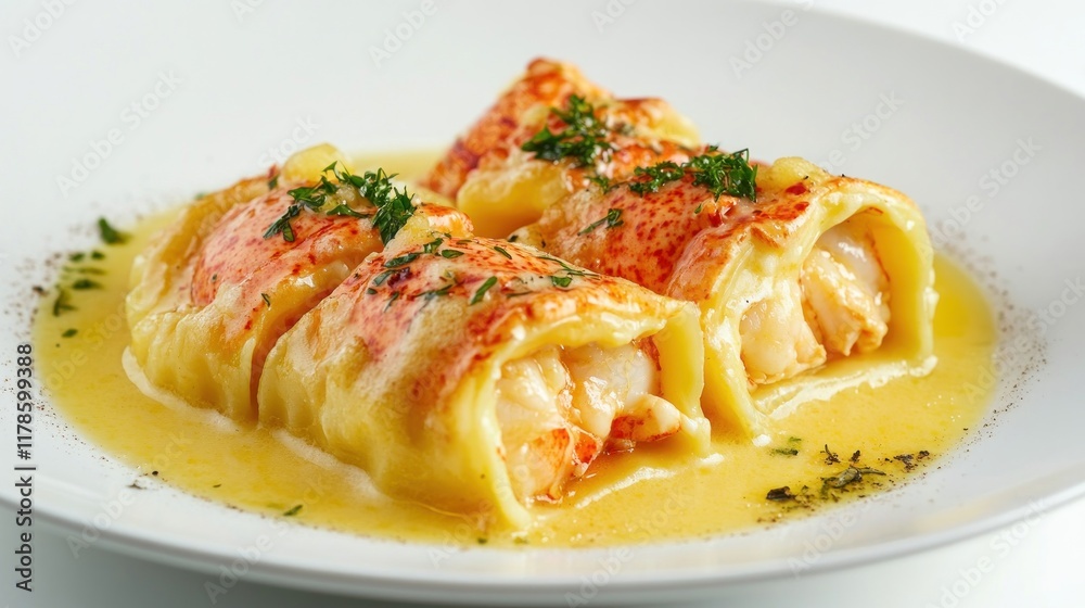 Three lobster ravioli in creamy sauce, garnished with dill, served on a white plate. Three lobster ravioli in creamy sauce, garnished with dill, served on a white plate.