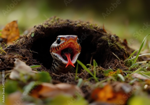 Colorful Snake Emerging from Underground Burrow Surrounded by Autumn Leaves and Green Grass in a Natural Habitat Setting photo