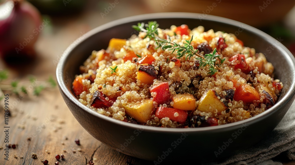 A nutritious bowl of quinoa, roasted vegetables, and a drizzle of olive oil, placed on a wooden table with a sprig of fresh herbs for decoration A nutritious bowl of quinoa, roasted vegetables, and a drizzle of olive oil, placed on a wooden table with a sprig of fresh herbs for decoration