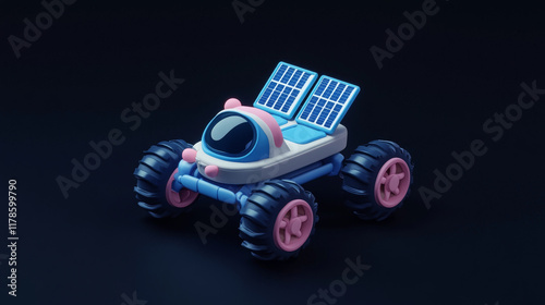 3D,lunar rover, A simple icon of an adorable space rover with four wheels and solar panels on its roof, featuring blue color accents and pink details.