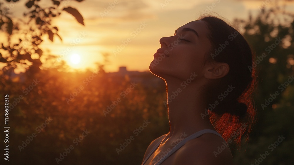 Woman enjoying sunset, peaceful serene moment. Woman enjoying sunset, peaceful serene moment.