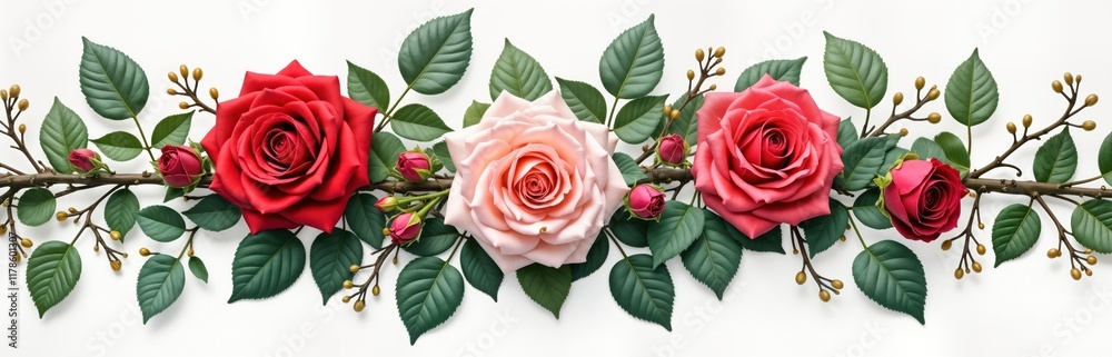 Fototapeta premium Roses, ivy branches arranged on white background. Roses in red, pink. Leaves, buds create botanical vignette. Natural beauty. Ornamental design. Detailed plant elements. Elegant blooms, textures.