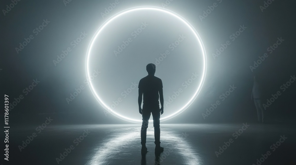 Fototapeta premium Silhouette of a Man Facing a Glowing Circular Portal in a Mysterious Atmosphere