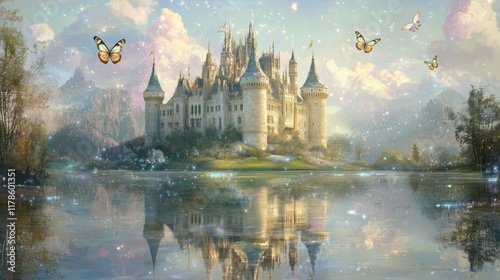 An enchanting fantasy castle nestled among white clouds, and a beautiful lake rendered in delicate pink, lavender, and teal pastel tones. 