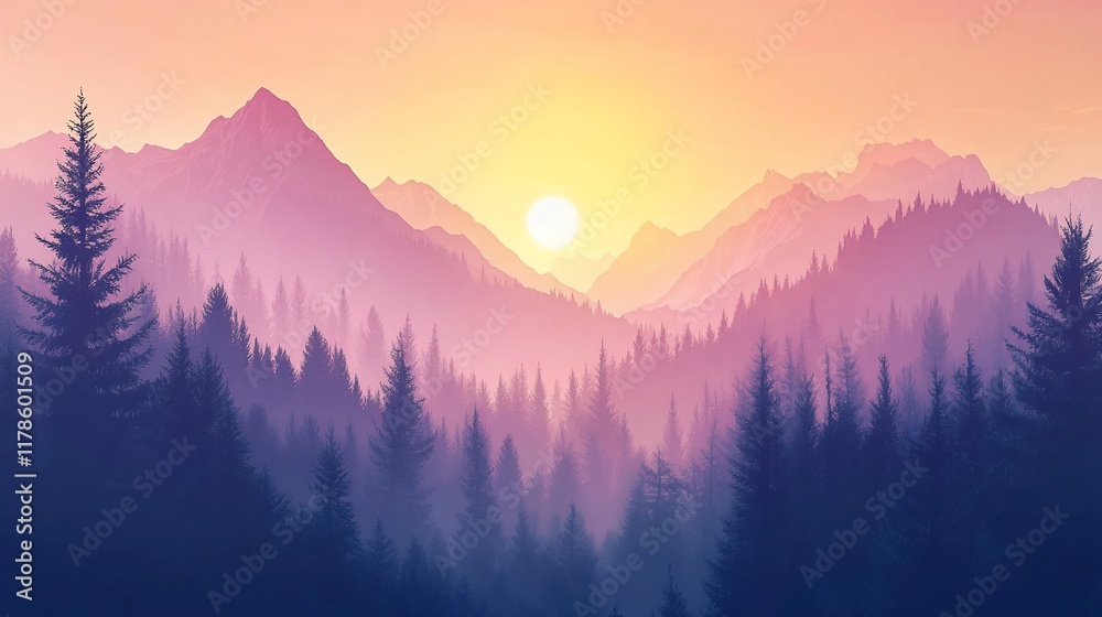 Fototapeta premium Misty sunset over silhouetted mountain range and forest.