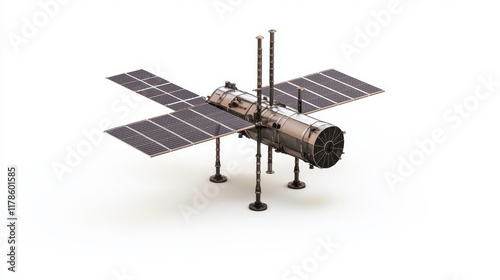 3D, Satellite, Realistic photograph of a complete space satellite with solar panels, isolated on a white background, with a solid, stark color scheme, focused lighting, and hard shadows.