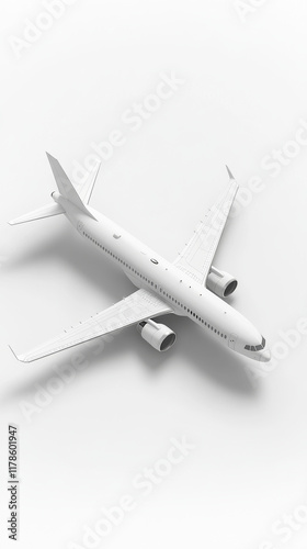 3D,aircraft, 3D model of a white passenger aircraft, isometric view, simple design, white background, Octane render, studio lighting, no shadow, low detail.