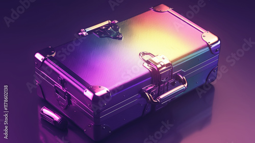 Suitcase, 3D render of a colorful gradient metallic suitcase isolated on a dark purple background, close-up, 20mm lens, low angle, perspective view.