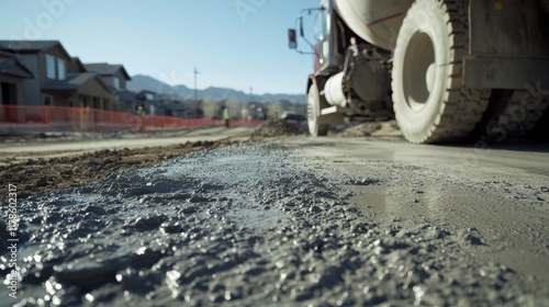 A close-up of cement pouring from the truck's front, with construction equipment and new homes in the background. The focus is on the texture and color of the concrete being poured onto an unsticky la photo