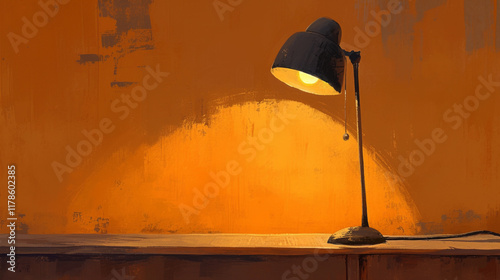 Table Lamp, A table lamp with its light on, casting warm hues across the room. The lamp's shade is dark and textured, adding depth to the scene.