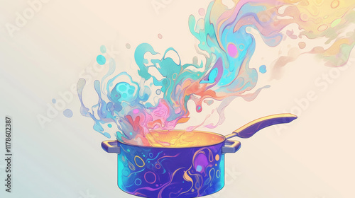 electric cooker, A whimsical illustration of colorful steam rising from an empty pot, creating intricate patterns and shapes in the air.