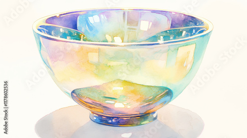 bowl, Watercolor, a simple illustration of an iridescent bowl, with very soft colors, a white background, clean edges, and a minimalist style.