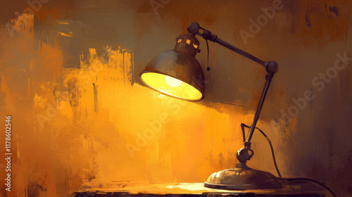 Table Lamp, A lamp on the table, simple background, digital painting style, high resolution, dark yellow and light amber tones, delicate brushstrokes, soft lighting, static composition, warm atmosphe