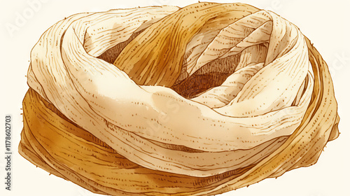 scarf, Cute hand-drawn illustration of a beige knitted scarf, in a clipart style, isolated on a white background.