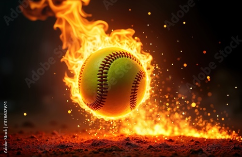 Fiery softball ball in mid-air with intense flames, sparks. Dynamic, dramatic action shot. Burning ball appears in motion. Sport theme. Hot, fast game. Vivid glow from softball. Powerful, energetic.