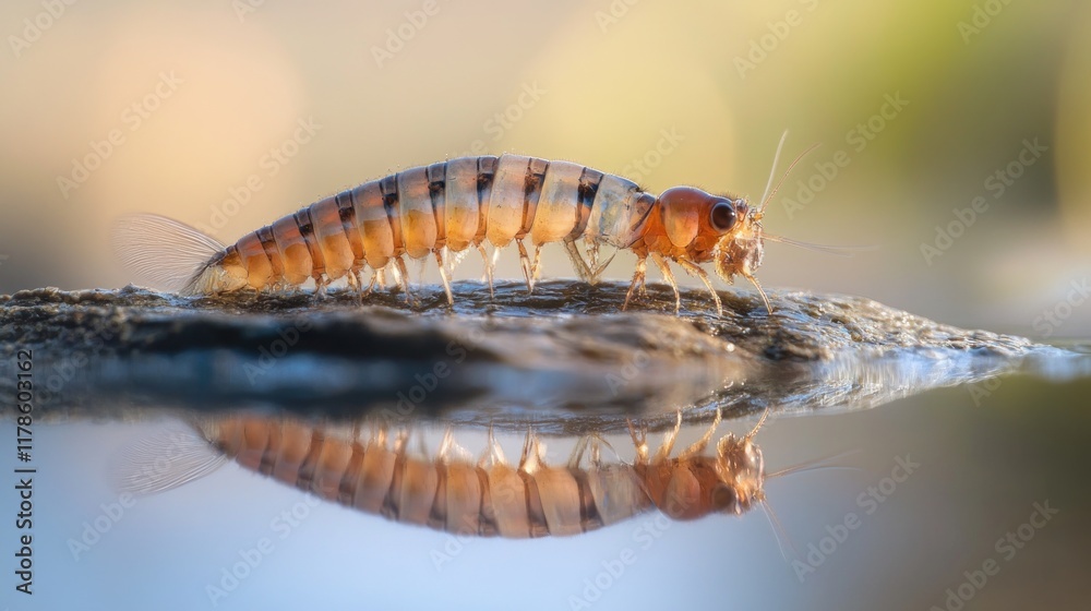 A close-up of a translucent insect with a reflective surface in a natural setting. A close-up of a translucent insect with a reflective surface in a natural setting.