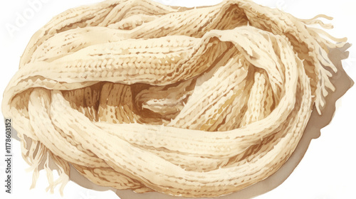 scarf, Watercolor Clipart, White background, ultra-detailed, hyper-realistic beige-colored knitted scarf, symbolizing love and affection, with very warm colors.