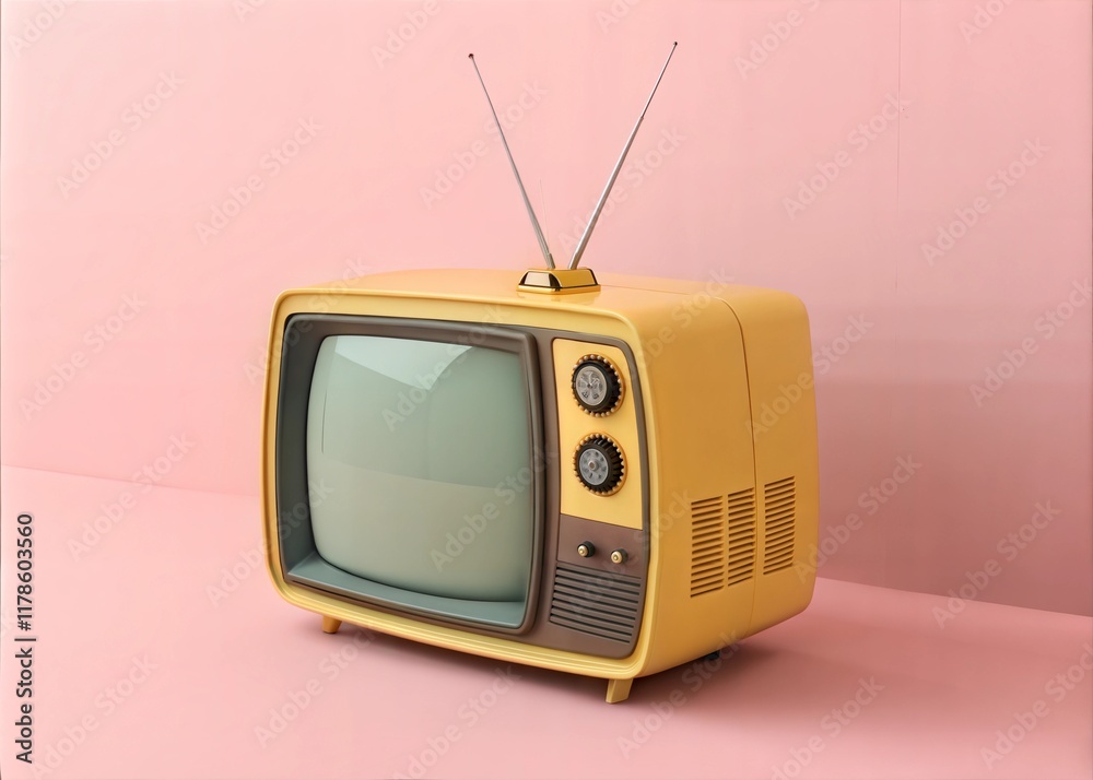 Obraz premium 3D Yellow Retro Old Television on Pink Background - Vintage Analog TV with Copy Space