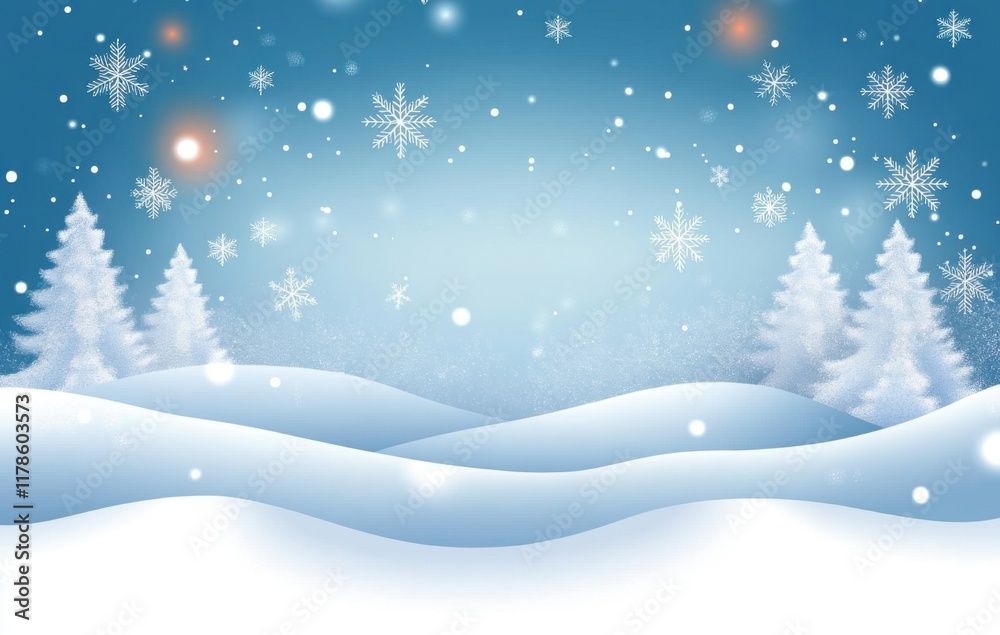 Snow scene with falling snowflakes, snow-covered trees on a blue background. Perfect for winter themed designs or holiday decorations Snow scene with falling snowflakes, snow-covered trees on a blue background. Perfect for winter themed designs or holiday decorations