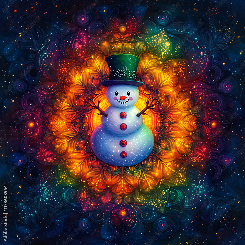 Obraz premium Colorful Snowman in Vibrant Mandala Background