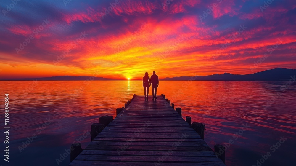 Fototapeta premium A couple stands on a pier at sunset, surrounded by vibrant colors reflecting on the water.