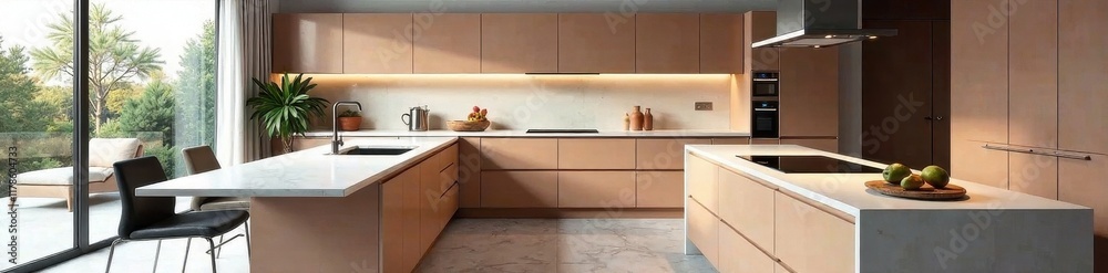 High-gloss cabinetry and quartz countertops in a modern kitchen, light, trend, modern High-gloss cabinetry and quartz countertops in a modern kitchen, light, trend, modern