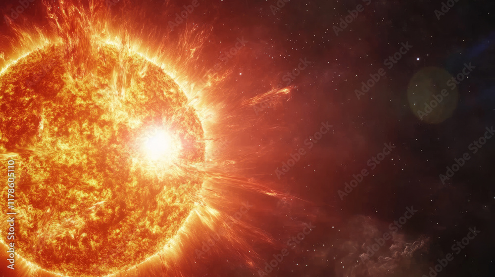 Dramatic close up of solar flare erupting from sun, showcasing vibrant colors and intense energy in space. image captures dynamic nature of solar activity Dramatic close up of solar flare erupting from sun, showcasing vibrant colors and intense energy in space. image captures dynamic nature of solar activity