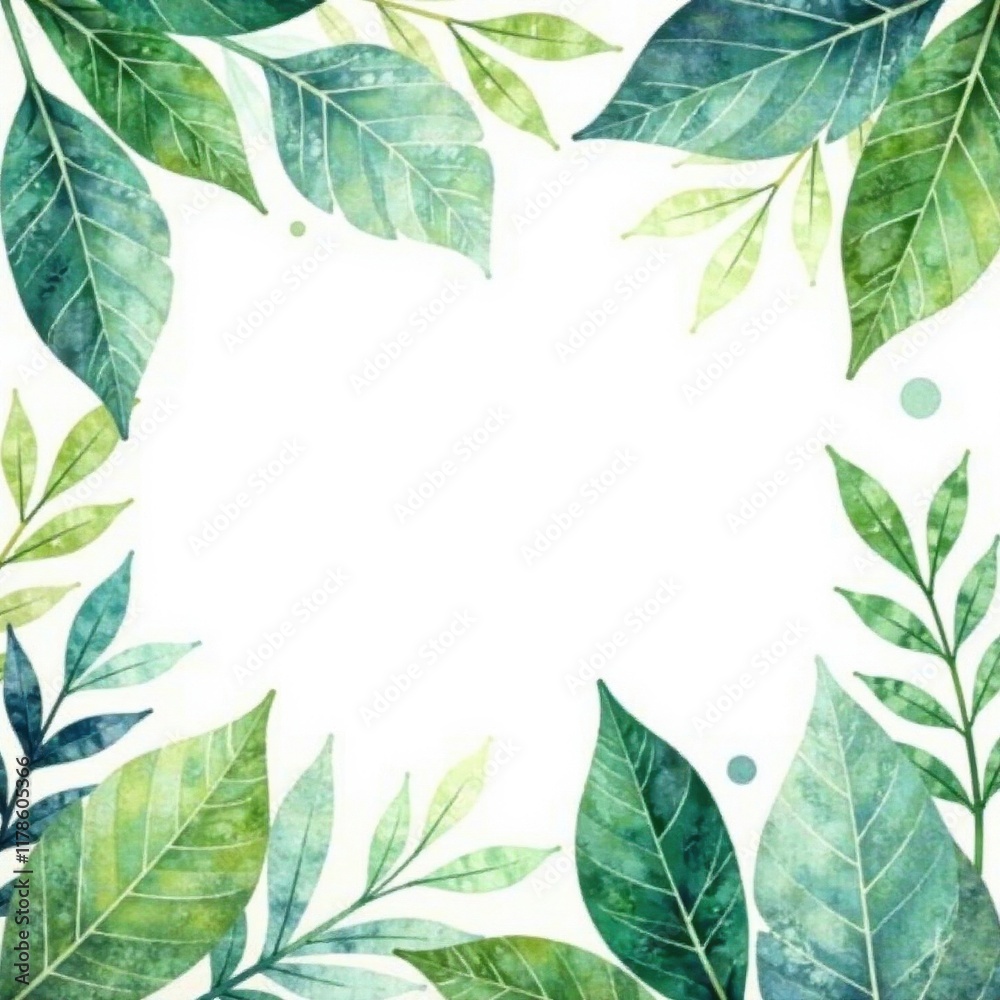 Fototapeta premium Subtle leafy watercolor frame, muted greens and blues , corner, frame, texture
