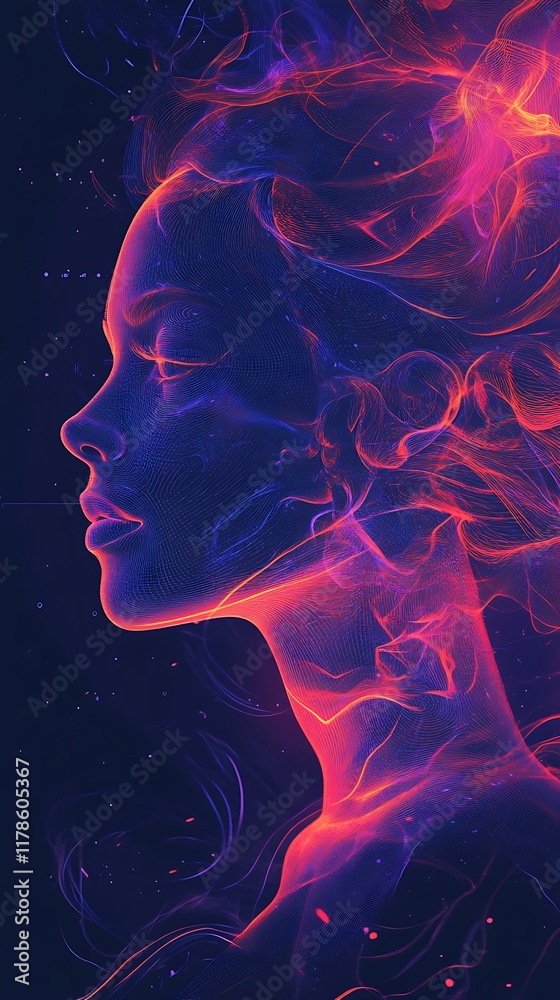 Ethereal Female Silhouette with Colorful Light Trails and Swirls Ethereal Female Silhouette with Colorful Light Trails and Swirls