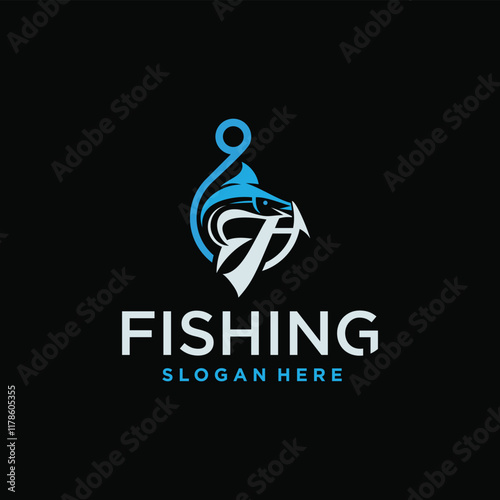 fishing logo design, Fishing Logo in the sea Fish Hunter Logo Design Template with Hook concept.