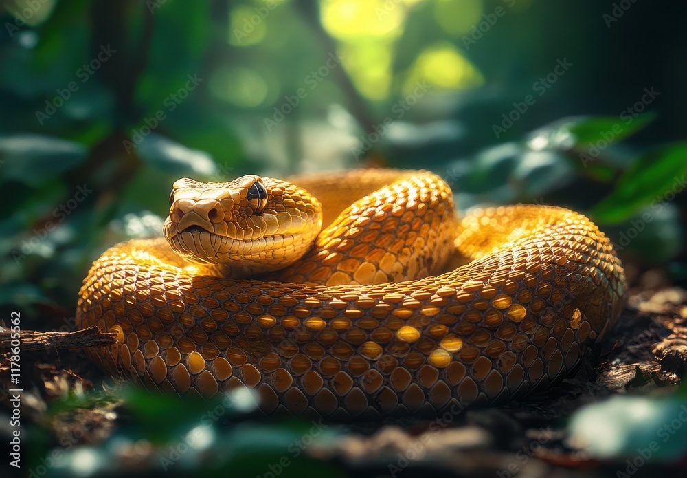 Majestic Close-Up of a Golden Python Relaxing in Lush Green Forest, Highlighting Natural Habitat and Texture of Scales with Beautiful Soft Lighting Majestic Close-Up of a Golden Python Relaxing in Lush Green Forest, Highlighting Natural Habitat and Texture of Scales with Beautiful Soft Lighting