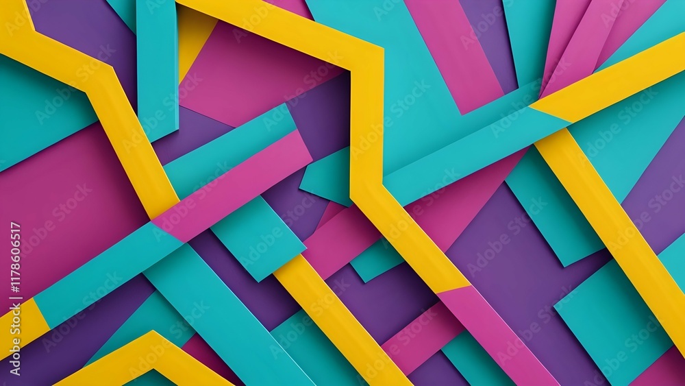 Obraz premium Bright and playful abstract design with vibrant colors like turquoise, sunny yellow, magenta, and lavender. Features layered geometric patterns with bold lines and textured surfaces