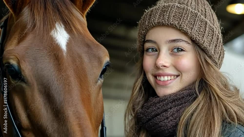 Smiling girl interacts with horse in stable setting during sunny afternoon