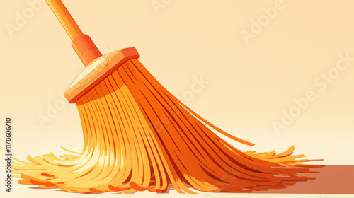 Broom, A simple, flat illustration of an orange broom with long bristles and a wooden handle, set against a white background.