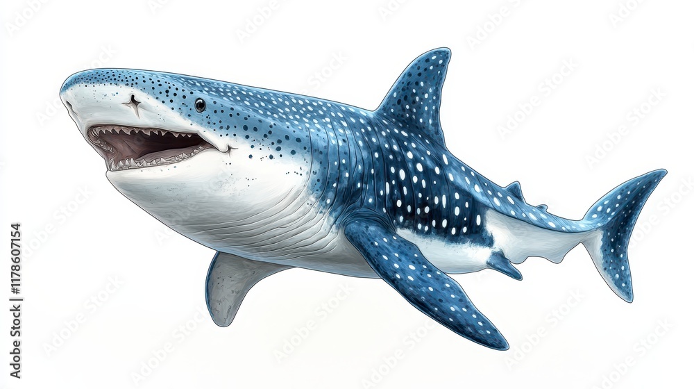 Naklejka premium A detailed illustration of a blue and white spotted shark, open mouth, swimming.