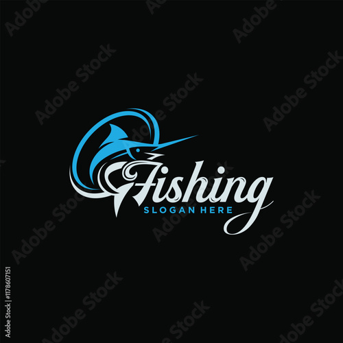 fishing logo design, Fishing Logo in the sea Fish Hunter Logo Design Template with Hook concept.