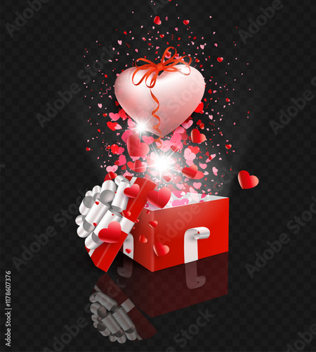 Isolated composition with square red box and pink heart with bow, Valentine's Day.