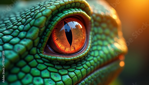 A reptile's gaze, ablaze with fiery golds and deep ambers, as if the very essence of a jungle sunset has been distilled within its depths. Emerald-green scales