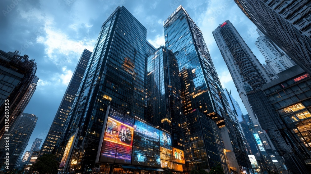 Futuristic city skyline at dusk technology hub photostock image urban environment low angle view modern architecture Futuristic city skyline at dusk technology hub photostock image urban environment low angle view modern architecture