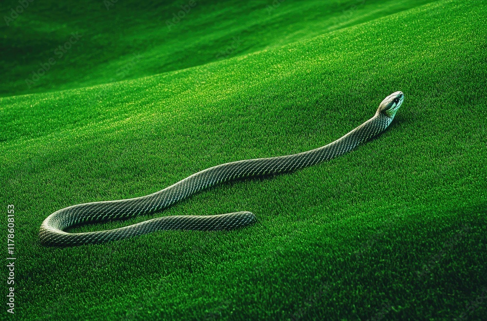 Fototapeta premium Serpentine Motion Across Lush Green Landscape Enveloping a Sleek Snake Amidst Rolling Grass Hills Under Soft Natural Light