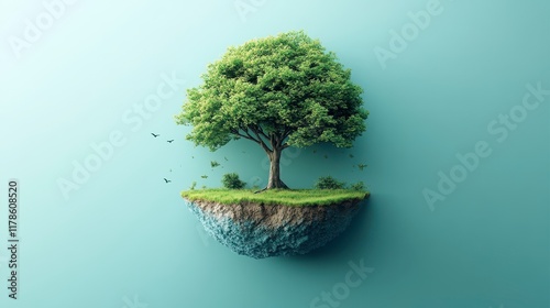 A lush green tree on a floating island against a light blue background. photo